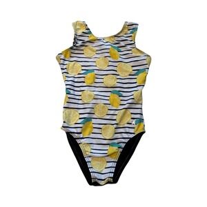 Destira Kids Gymnastics Leotard Lemon Stripe Print Cutout Back Sleeveless White